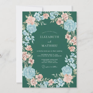 Invitación Boda floral acuarela pastel turquesa