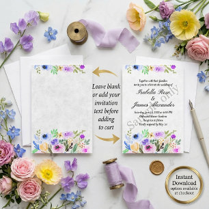 Invitación Boda floral acuarela púrpura y azul en blanco