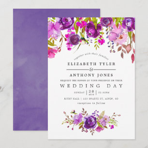 Invitación Boda floral acuarela púrpura y violeta