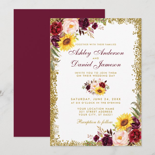 Invitación Boda floral acuarela Purpurina de oro de Borgoña (Anverso / Reverso)