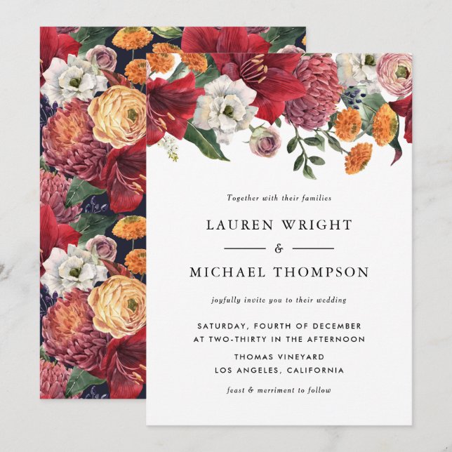 Invitación Boda floral acuarela rojo Amaryllis (Anverso / Reverso)