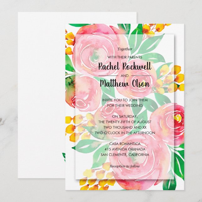 Invitación Boda floral acuarela rosa (Anverso / Reverso)