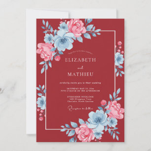 Invitación Boda Floral Acuarela Rosa Azul Rubí