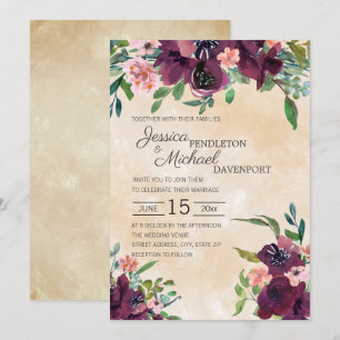 Invitación Boda Floral Acuarela Rosa Burdeos Verde Salvia