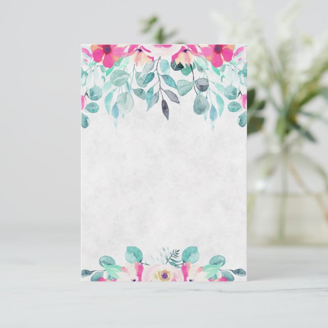 Invitación Boda floral acuarela rosa en blanco (Anverso de pie)