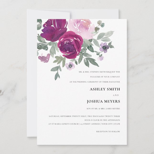 Invitación Boda floral acuarela rosa magenta (Anverso)