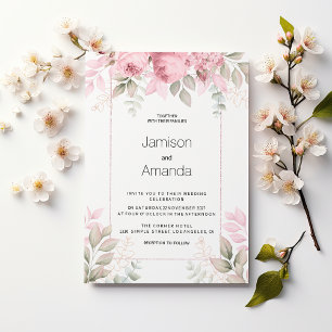 Invitación Boda floral acuarela rosa menta blanco