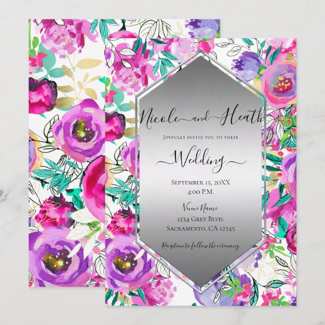 Invitación Boda Floral Acuarela Rosa Púrpura Brillante (Anverso / Reverso)