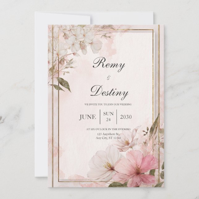 Invitación Boda Floral Acuarela Rosa Rubor Marco de Oro (Anverso)