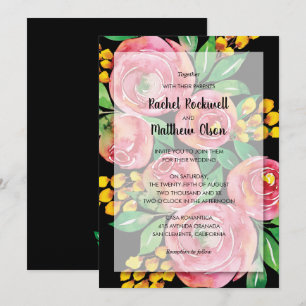Invitación Boda floral acuarela rosa sobre negro