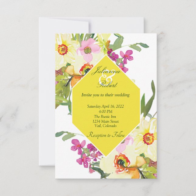 Invitación Boda floral acuarela rosa y amarillo (Anverso)
