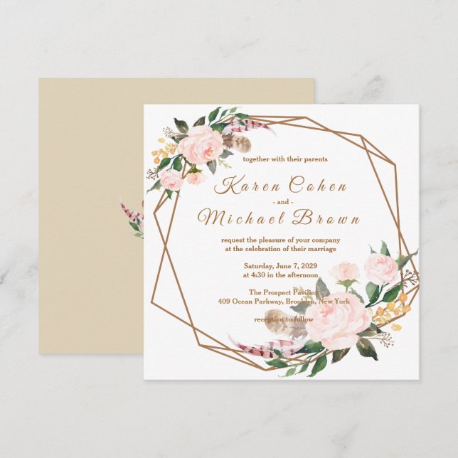 Invitación Boda floral acuarela rosa y dorado boho chic (Anverso / Reverso)