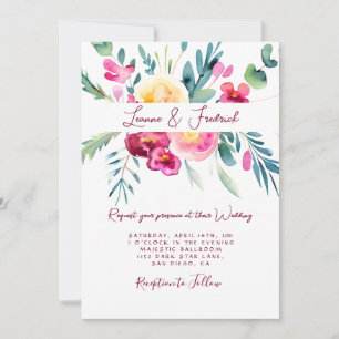 Invitación Boda floral acuarela rosa y fucsia personalizada
