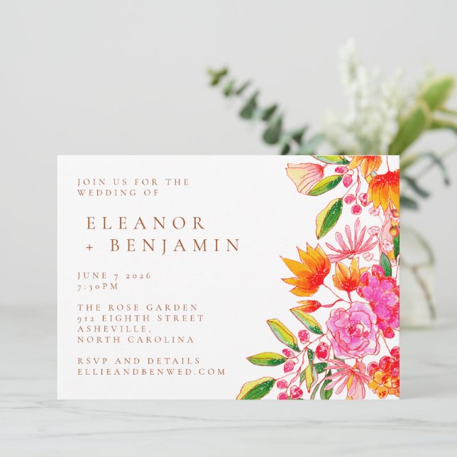 Invitación Boda floral acuarela rosa y naranja elegante (Anverso de pie)