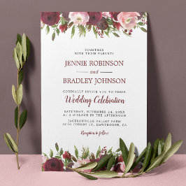 Invitación Boda floral acuarela rubor burdeos