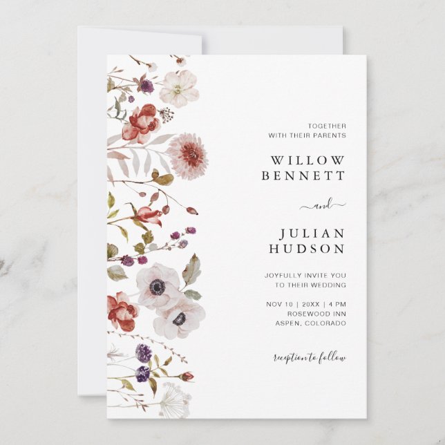 Invitación Boda Floral Acuarela Rubor Burdeos (Anverso)