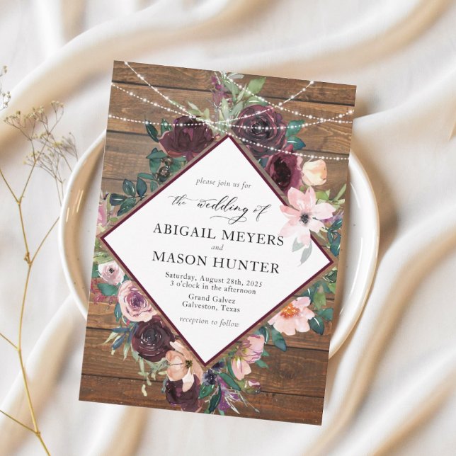 Invitación Boda Floral Acuarela Rústica de Borgoña (Subido por el creador)