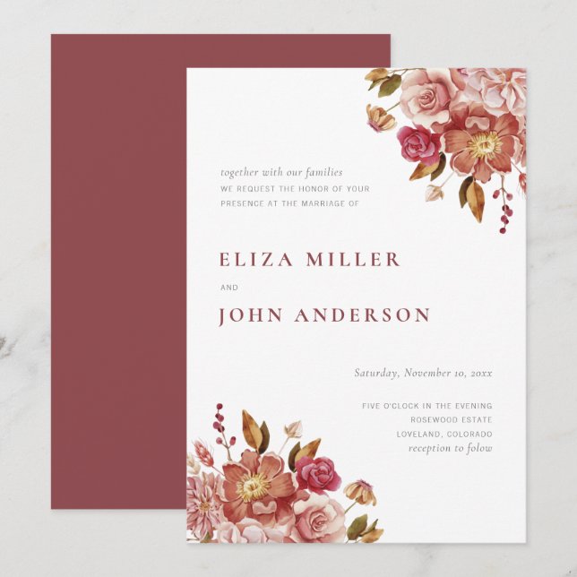 Invitación Boda floral acuarela rústica moderna de Marsala (Anverso / Reverso)