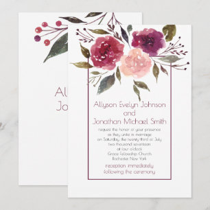 Invitación Boda floral acuarela rústica rosa burdeos