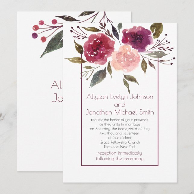 Invitación Boda floral acuarela rústica rosa burdeos | (Anverso / Reverso)