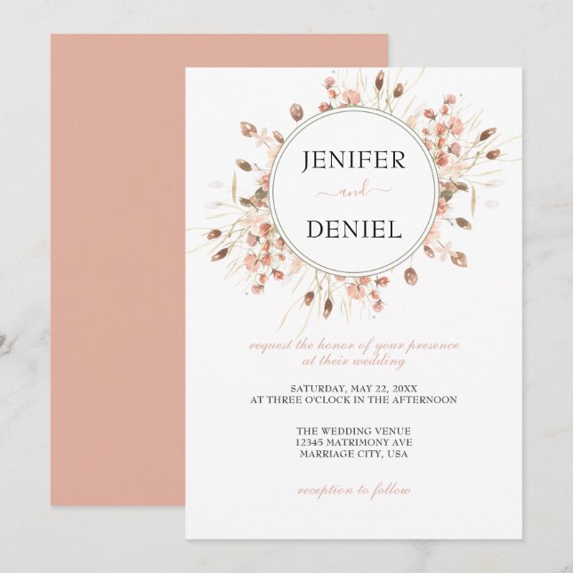 Invitación Boda floral acuarela seca boho (Anverso / Reverso)