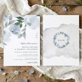 Invitación Boda floral acuarela suave azul polvoriento