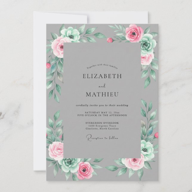 Invitación Boda floral acuarela suave gris (Anverso)