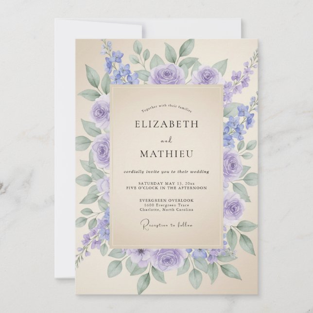 Invitación Boda Floral Acuarela Suave Lila (Anverso)