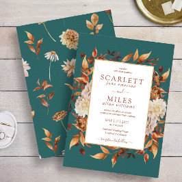 Invitación Boda Floral Acuarela Terracota Otoño Azul Verdoso