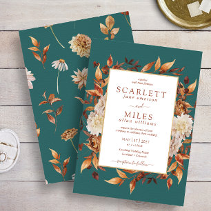 Invitación Boda Floral Acuarela Terracota Otoño Azul Verdoso