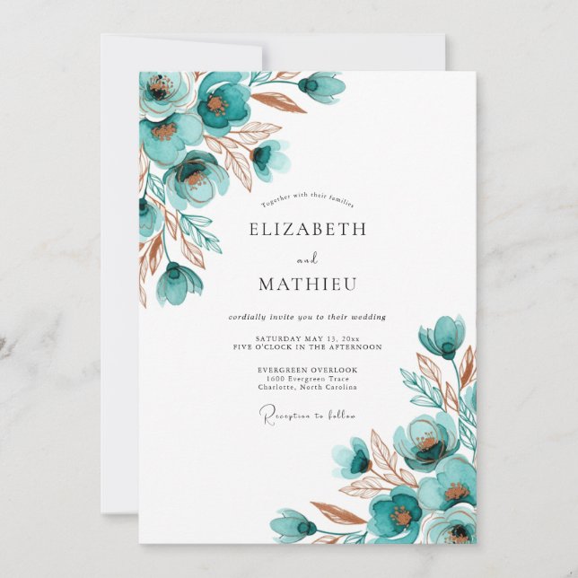 Invitación Boda Floral Acuarela Turquesa (Anverso)