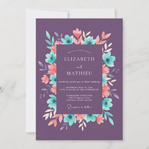 Invitación Boda floral acuarela Turquesa Púrpura Melocotón