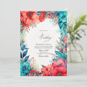 Invitación Boda floral acuarela turquesa y coral