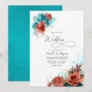 Invitación Boda floral acuarela turquesa y coral