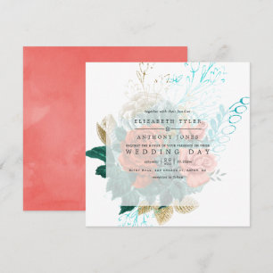 Invitación Boda floral acuarela turquesa y coral