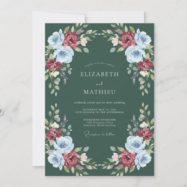 Invitación Boda floral acuarela verde bosque (Anverso)