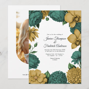 Invitación Boda floral acuarela verde esmeralda y dorado