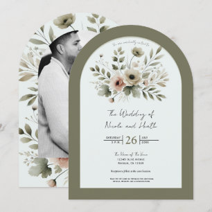 Invitación Boda floral acuarela verde oliva caqui
