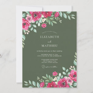 Invitación Boda floral acuarela verde oliva magenta