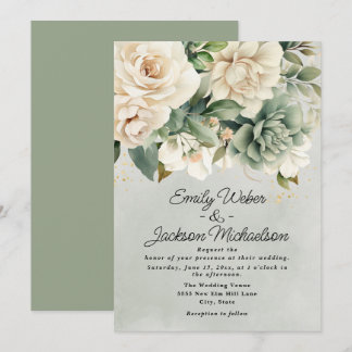 Invitación Boda Floral Acuarela Verde Salvia Crema y Dorado
