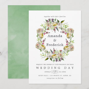 Invitación Boda floral acuarela verde salvia y blanco