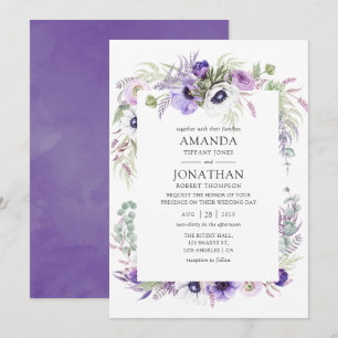 Invitación Boda Floral Acuarela Violeta Polvorienta