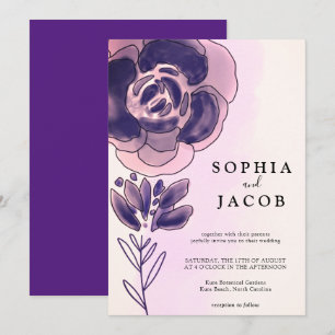 Invitación Boda floral acuarela violeta rosa dorado