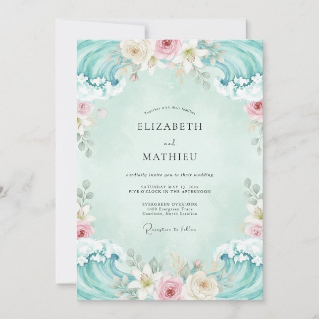 Invitación Boda Floral Acuática Suave (Anverso)