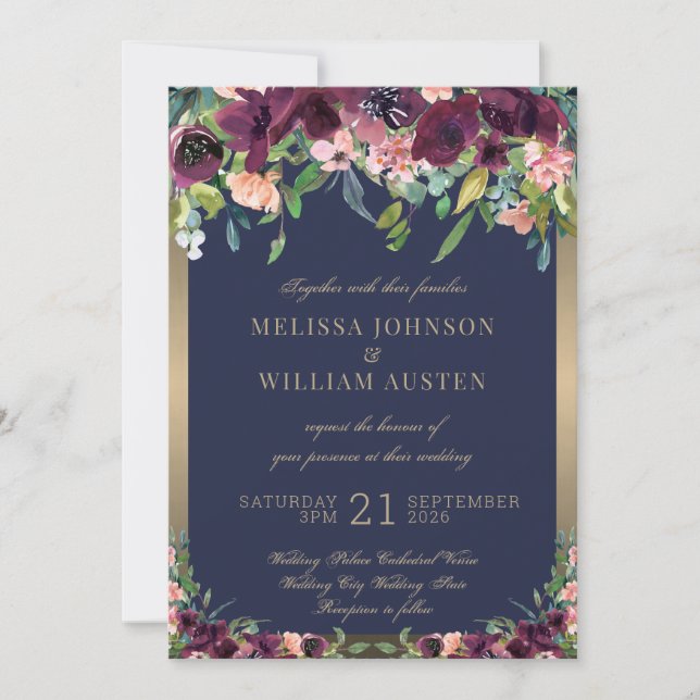 Invitación Boda floral acuático acuarela oro borgoña (Anverso)