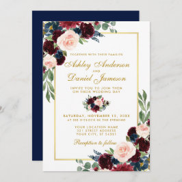 Invitación Boda floral acuático azul borgoña dorada