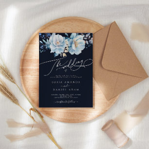 Invitación Boda floral acuático azul oscuro de invierno