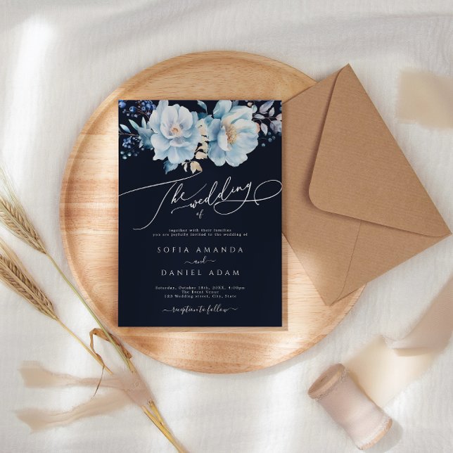Invitación Boda floral acuático azul oscuro de invierno (Subido por el creador)