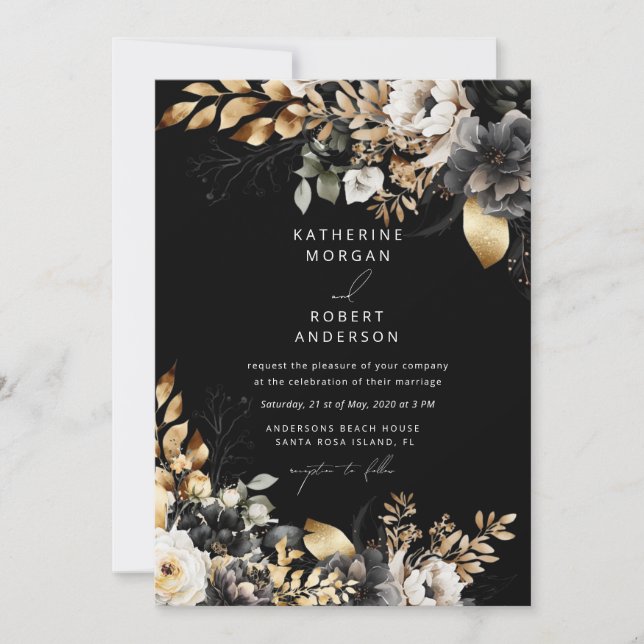 Invitación Boda floral acuático Black Gold (Anverso)