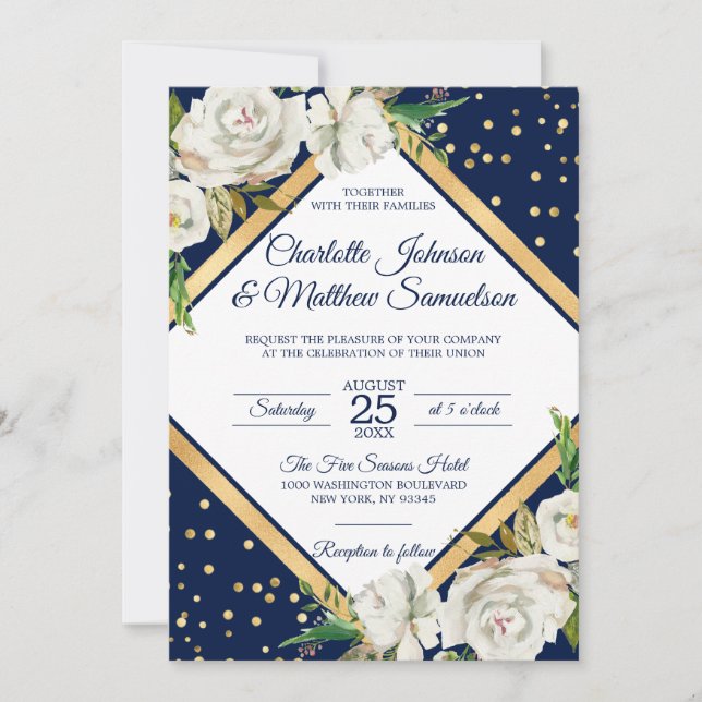 Invitación Boda floral acuático Blue Gold de la Marina Blanca (Anverso)